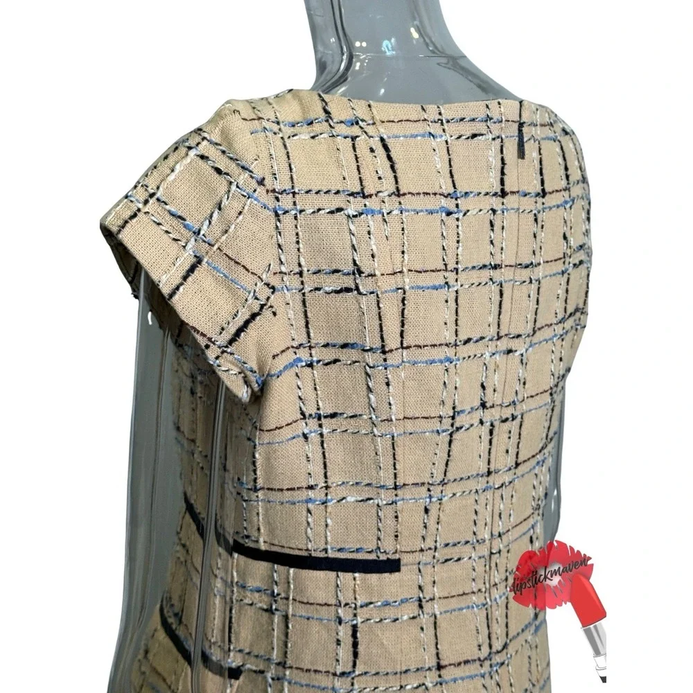 Tory Burch Evie‎ Career Dress Size 10 Woven Neutral Tan Blue Quiet Luxury